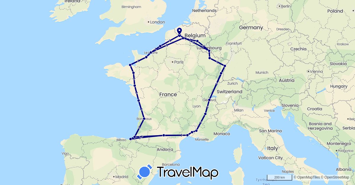 TravelMap itinerary: driving in Belgium, Switzerland, Spain, France, Luxembourg (Europe)